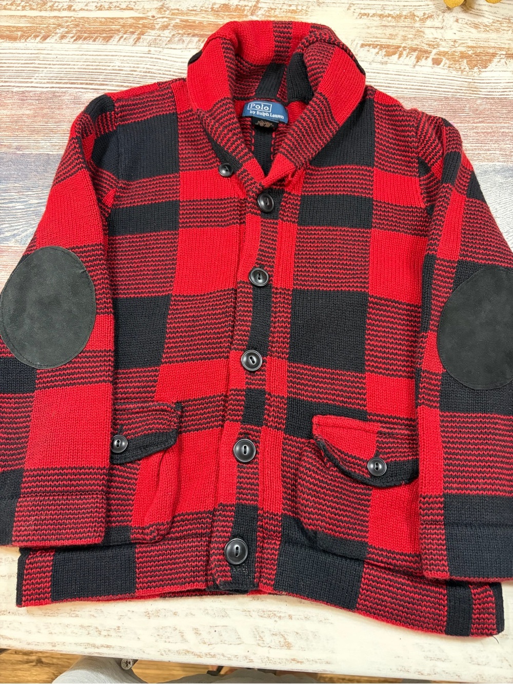 Vtg Polo Ralph Lauren Boys Buffalo Plaid Cardigan Sweater Pockets Cotton Wool 7